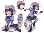  1girl :3 :d =_= ananna animal_ear_fluff animal_ears black_bow black_bowtie black_footwear black_hair black_skirt blush_stickers bow bowtie brown_eyes closed_eyes commentary fangs fur_collar grey_hair hair_ornament highres kemono_friends kinkitsu1824 looking_away multicolored_hair multiple_views open_mouth pleated_skirt puffy_short_sleeves puffy_sleeves raccoon_ears raccoon_tail shoes short_hair short_sleeves simple_background sitting skirt smile sparkle tail translation_request two-tone_hair wariza white_background 