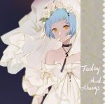  1girl bangs bare_shoulders blue_hair breasts closed_mouth collarbone dress eyebrows_visible_through_hair flower girls&#039;_frontline hair_flower hair_ornament jewelry looking_at_viewer necklace official_alternate_costume petals short_hair simple_background small_breasts smile_(mm-l) solo upper_body wedding_dress white_dress yellow_eyes zas_m21_(affections_behind_the_bouquet)_(girls&#039;_frontline) zas_m21_(girls&#039;_frontline) 