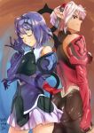  2girls blue_hair breasts closed_eyes closed_mouth dominia_yizkor gloves hairband highres kelvena_(xenogears) looking_at_viewer momomoxeno multiple_girls pointy_ears short_hair silver_hair simple_background smile xenogears 