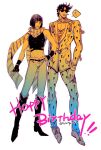  2boys battle_tendency birthday bob_cut boots bruno_buccellati bruno_buccellati_(cosplay) candy cleavage_cutout clothing_cutout cosplay costume_switch crop_top denim fingerless_gloves food gloves gradient hair_ornament hairclip hatoyama_itsuru jeans jojo_no_kimyou_na_bouken joseph_joestar joseph_joestar_(young) joseph_joestar_(young)_(cosplay) lollipop male_focus midriff multiple_boys pants scarf striped striped_scarf sunglasses vento_aureo zipper 