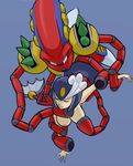  1girl android areolae armor armpits blue_background breast_sucking breasts closed_eyes hanging_breasts helmet hetero large_breasts launcher_octopuld looking_at_another mermaid monster_girl nude outstretched_arm parted_lips rape restrained robot rockman rockman_(classic) rockman_9 rockman_x simple_background spikes splash_woman tail tentacles white_eyes 