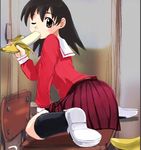  azumanga_daiou banana black_hair brown_eyes chair desk food fruit school_uniform shoes takino_tomo wink 