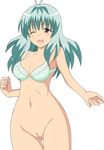  1girl blush bottomless bra breasts green_hair highres lingerie long_hair nude nude_filter photoshop pussy render run_elsie_jewelria solo to_love-ru toloveru uncensored underwear 