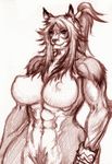  abs animal_ears breasts chinbotsu covered_nipples furry large_breasts muscle nude ponytail pubic_hair pussy sketch solo wolf 