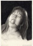  2003 asian ball_gag beauty_mark gag highres kanai_(artist) mole monochrome nose_hook realistic saliva traditional_media 