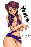  amatake_akewo blue_eyes blush braid breast_slip breasts covered_nipples earrings jewelry large_breasts long_hair nipples one_breast_out original purple_hair pussy solo torn_clothes 
