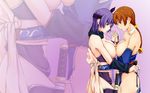  ayane_(doa) braid breast_press breasts brown_eyes brown_hair dead_or_alive hawoku_ishibare highres kasumi_(doa) large_breasts multiple_girls nipples purple_hair ribbon siblings sisters symmetrical_docking wallpaper yuri zoom_layer 