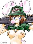  animal_ears bandaid bandaids_on_nipples blue_eyes breasts brown_hair bubble_blowing bunny_ears bunny_tail chewing_gum copyright_request dog_tags ears_through_headwear gun helmet large_breasts m60 machine_gun maguta military pasties shirt_lift solo tail weapon 
