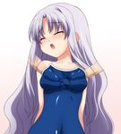  azmaria_hendric blush censored chrno_crusade cum cum_in_clothes cum_on_clothes cum_on_swimsuit eyes_closed highres latex long_hair one-piece one-piece_swimsuit penis purple_hair school_swimsuit sugimura_tomokazu swimsuit 