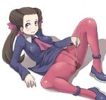  brown_hair chiwino clitoris clothed_masturbation crotch_rub crotch_seam hair_pulled_back impossible_clothes impossible_shirt legs long_hair masturbation no_panties panties pantyhose pink_eyes pink_legwear pokemon pokemon_(game) pokemon_rse pubic_hair pussy shirt simple_background solo spread_legs tsutsuji_(pokemon) underwear wet wet_clothes wet_panties wet_pantyhose white_background 