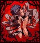  1girl alternate_form bike_shorts black_sclera blood breast_grab breasts claws demon_boy demon_wings duplicate fingerless_gloves ganassa gloves grabbing green_eyes grey_hair grey_skin haruno_sakura jpeg_artifacts medium_breasts naruto_(series) naruto_shippuuden ninja pink_hair red_eyes shirtless short_hair uchiha_sasuke wings 