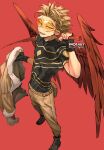  1boy abs artist_name belt black_footwear blonde_hair boku_no_hero_academia brown_pants earrings facial_hair feathered_wings feathers fingerless_gloves forehead full_body fur-trimmed_jacket fur_trim gloves goatee goggles gold_trim hand_up hawks_(boku_no_hero_academia) holding holding_clothes holding_jacket holding_sword holding_weapon jacket jewelry kadeart large_wings legs_apart looking_at_viewer lower_teeth male_focus muscular open_mouth pants pouch red_background red_wings short_hair short_sleeves simple_background solo spiked_hair standing stubble superhero sword teeth thai_commentary thick_eyebrows toned toned_male upper_teeth weapon wings yellow_eyes 