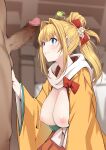  1girl absurdres baicha bangs bed blonde_hair breasts breasts_outside censored granblue_fantasy green_eyes hair_intakes hair_ribbon highres japanese_clothes kimono large_breasts mirin_(granblue_fantasy) nipples obi open_clothes open_robe penis ponytail ribbon robe sash scarf smile 