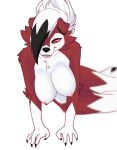  absurd_res breasts female fur hi_res looking_at_viewer lycanroc midnight_lycanroc nintendo nipples pok&eacute;mon pok&eacute;mon_(species) red_body red_eyes red_fur simple_background solo video_games white_background white_body white_fur xan_(pixiv) 