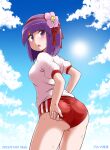  1girl alternate_costume ass buruma flower gym_shirt gym_uniform hair_flower hair_ornament hieda_no_akyuu hime_cut kousei_(public_planet) open_mouth purple_hair shirt short_hair sky solo sun sweat touhou white_shirt 