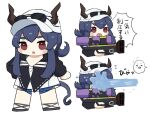  1girl :o arknights baseball_cap black_footwear black_jacket blue_hair blue_shorts blush_stickers ch&#039;en_(arknights) ch&#039;en_the_holungday_(arknights) chibi commentary_request eyewear_removed hat highres holding horns horns_through_headwear in_the_face jacket long_hair multiple_views open_mouth parted_lips red_eyes shoes short_eyebrows shorts simple_background someyaya sunglasses tail thick_eyebrows translation_request water_gun white_background white_headwear 