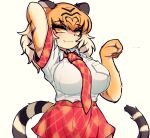  1girl animal_ears animal_print arm_up arms_behind_head bangs black_hair blonde_hair breast_pocket breasts collared_shirt colored_inner_hair elbow_gloves eyebrows_visible_through_hair fang fang_out gloves hand_up kama_astor kemono_friends large_breasts long_hair looking_at_viewer multicolored_hair necktie orange_hair paw_pose plaid plaid_necktie plaid_skirt plaid_sleeves plaid_trim pocket print_gloves shirt simple_background skirt smile solo streaked_hair tail tiger_(kemono_friends) tiger_ears tiger_girl tiger_print tiger_tail upper_body white_background white_shirt wing_collar yellow_eyes 