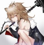  1girl absurdres animal_ear_fluff animal_ears arknights bangs bare_shoulders black_jacket black_nails breasts brown_eyes brown_hair closed_mouth eyebrows_behind_hair from_side gradient gradient_background grey_background highres holding holding_weapon jacket knee_up lion_ears long_hair long_sleeves looking_at_viewer looking_to_the_side medium_breasts nail_polish off_shoulder one_knee open_clothes open_jacket ponytail s_4ik4 shirt sideboob siege_(arknights) solo weapon white_shirt 