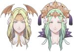  1girl commentary_request eyebrows_visible_through_hair fire_emblem fire_emblem:_three_houses flower green_eyes green_hair hair_flower hair_ornament ikarin long_hair looking_at_viewer multiple_views portrait rhea_(fire_emblem) seiros_(fire_emblem) simple_background smile white_background winged_hair_ornament 