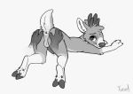  all_fours anthro antlers anus bodily_fluids butt cervid disembodied_hand fur genital_fluids genitals ghost_hands grey_body grey_fur greyscale hooves horn looking_at_viewer looking_back male mammal monochrome penis precum raised_tail solo spread_butt spreading tapering_penis wunder yurusa 