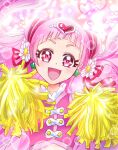  1girl blouse clover_earrings cure_yell flower hair_cones hair_flower hair_ornament hair_ribbon heart heart_hair_ornament highres hugtto!_precure lips magical_girl manekineko5319 navel nono_hana open_mouth pink_blouse pink_theme pom_pom_(cheerleading) precure ribbon solo sparkle_background thick_eyelashes upper_body 