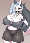  2022 absurd_res anthro big_breasts blush bottomwear breasts camel_toe canid canid_demon cleavage clothed clothing collar demon female fingerless_gloves fur gloves grey_body grey_fur hair hand_on_hip handwear hellhound helluva_boss hi_res huge_breasts inner_ear_fluff kemono looking_at_viewer loona_(helluva_boss) mammal multicolored_body multicolored_fur multicolored_tail navel nipple_outline portrait red_sclera shorts silver_hair solo spiked_collar spikes tailzkim three-quarter_portrait topwear torn_clothing tuft two_tone_body two_tone_fur two_tone_tail under_boob white_body white_eyes white_fur wide_hips 