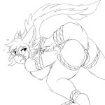  1:1 2020 absurd_res anthro arms_tied avian bdsm bondage bound breasts clothing crotch_rope destiny_(milodesty) digital_drawing_(artwork) digital_media_(artwork) exposed_breasts eyewear female genitals glasses gryphon hands_behind_back hi_res legs_tied looking_at_viewer milodesty monochrome muzzle_(object) muzzled mythological_avian mythology nipples non-mammal_breasts pussy restraints rope rope_bondage rope_harness simple_background solo standing tail_bondage text underwear white_background 
