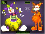  2017 4_fingers anthro bandai_namco belly border bulge clothing clown clown_makeup clown_nose dialogue diaper digimon digimon_(species) digital_drawing_(artwork) digital_media_(artwork) drone feces fingers freckles gloves handwear hi_res imp impmon kanada long_tail makeup messy_diaper orange_body purple_body red_nose simple_background smelly soiling transformation white_body white_border 