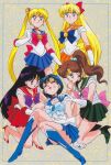  1990s_(style) 5girls aino_minako back_bow bangs bishoujo_senshi_sailor_moon black_hair blonde_hair blue_footwear blue_hair blue_neckwear blue_sailor_collar blue_skirt boots bow brown_hair choker closed_eyes crescent crescent_earrings double_bun earrings elbow_gloves gloves green_neckwear green_sailor_collar green_skirt hair_bobbles hair_ornament hand_on_another&#039;s_shoulder high_heels high_ponytail highres hino_rei inner_senshi jewelry kino_makoto knee_boots leotard long_hair magical_girl miniskirt mizuno_ami multiple_girls official_art open_mouth orange_sailor_collar orange_skirt pleated_skirt pumps red_footwear red_neckwear red_sailor_collar red_skirt retro_artstyle sailor_collar sailor_jupiter sailor_mars sailor_mercury sailor_moon sailor_senshi sailor_venus short_hair skirt star_(symbol) star_earrings stud_earrings tiara torn_clothes tsukino_usagi twintails very_long_hair 