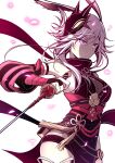  1girl absurdres animal_ears armpits bare_shoulders breasts bridal_gauntlets cleavage closed_mouth commentary_request fei_lio_mao fox_ears fox_mask glowing_petals highres holding holding_sword holding_weapon honkai_(series) honkai_impact_3rd japanese_clothes katana looking_at_viewer mask ninja petals photoshop_(medium) pink_hair purple_eyes sideboob simple_background solo sword weapon white_background yae_kasumi yae_sakura yae_sakura_(darkbolt_jonin) 