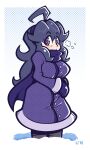  1girl @_@ breath coat gloves hex_maniac_(pokemon) highres legendofnerd long_hair looking_at_viewer own_hands_together pants pokemon purple_coat purple_eyes purple_gloves purple_hair purple_pants purple_scarf scarf snow winter_clothes winter_coat 