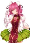  1girl bandaged_arm bandages breasts bun_cover double_bun flower green_skirt highres ibaraki_kasen large_breasts looking_at_viewer nikomiudon_06 open_mouth pink_eyes pink_hair rose short_hair simple_background skirt solo tabard touhou white_background 