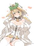  1girl ahoge bangs belt blonde_hair blush breasts bridal_veil chain_necklace cleavage closed_mouth detached_sleeves elbow_gloves eyebrows_visible_through_hair fate/extra fate_(series) gloves green_eyes hand_up heart large_breasts laurel_crown leotard lock looking_at_viewer nero_claudius_(bride)_(fate) nero_claudius_(fate) nose_blush rkrk signature simple_background thighhighs veil white_background white_gloves white_legwear white_leotard white_sleeves zipper_pull_tab 