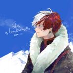  1boy ak_ot blue_eyes blue_sky boku_no_hero_academia breath burn_scar character_name cold dated ear_piercing english_text from_side fur-trimmed_jacket fur_trim hair_blowing happy_birthday high_collar highres jacket light_smile male_focus mountainous_horizon multicolored_hair multiple_piercings piercing profile red_hair scar scar_on_face short_hair sky snow solo split-color_hair star_(symbol) todoroki_shouto two-tone_hair white_hair 