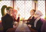  2boys 2girls black_jacket black_shirt black_sweater blue_eyes breasts brown_hair cafe cleavage duma_(fire_emblem) evomanaphy fire_emblem fire_emblem_heroes frown green_hair grima_(fire_emblem) hand_grab highres iced_coffee jacket jewelry laughing looking_at_another menu multiple_boys multiple_girls original pink_eyes pink_hair pointy_ears ponytail red_eyes ring robin_(fire_emblem) robin_(fire_emblem)_(male) shirt smile sweater table talking tattoo turtleneck turtleneck_sweater white_hair 