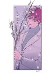  1boy blue_eyes boku_no_hero_academia border branch cherry_blossoms confetti dated flower foreground_text grey_eyes hair_blowing happy_birthday highres holding holding_branch male_focus multicolored_hair outside_border r-o-i red_hair short_hair simple_background split-color_hair suit_jacket sweater todoroki_shouto turtleneck turtleneck_sweater twitter_username two-tone_hair white_hair 