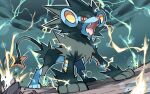 bright_pupils colored_sclera commentary_request electricity fangs from_below hyou_(hyouga617) luxray no_humans open_mouth pokemon pokemon_(creature) red_sclera solo standing tongue white_pupils yellow_eyes 