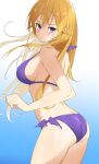  1girl absurdres ass back bangs bikini blonde_hair blush breasts closed_mouth floating_hair from_side halterneck highres kazunori large_breasts long_hair looking_at_viewer looking_to_the_side nakiri_erina purple_bikini purple_eyes shokugeki_no_souma side-tie_bikini sideboob solo straight_hair sweatdrop swimsuit thighs 