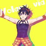  1boy abs black_hair choker headband highres jojo_no_kimyou_na_bouken kogatarou male_focus narancia_ghirga outstretched_arms overskirt purple_eyes solo tight vento_aureo wide-eyed 