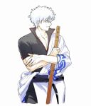  1boy bangs belt black_pants black_shirt chinese_commentary closed_mouth collarbone commentary_request cowboy_shot crossed_arms gintama godzillapigeon1 half-closed_eyes happy highres holding holding_sword holding_weapon japanese_clothes kimono looking_to_the_side male_focus off_shoulder pants pectoral_cleavage pectorals red_eyes ribbon-trimmed_sleeves ribbon_trim sakata_gintoki sheath sheathed shirt short_hair short_sleeves simple_background sketch smile solo standing sword translated weapon white_background white_hair white_kimono 