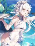  1girl :o arknights armpit_crease bare_shoulders breasts covered_navel cowboy_shot day holding long_hair official_alternate_costume official_art one-piece_swimsuit open_mouth orange_eyes outdoors outstretched_arm pointy_ears small_breasts solo swimsuit thighs tomimi_(arknights) tomimi_(silent_night)_(arknights) toosaka_asagi tray very_long_hair white_hair white_swimsuit 