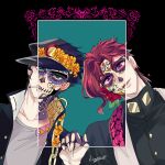  2boys black_hair blue_eyes calavera chain dia_de_muertos facepaint gakuran hat highres jojo_no_kimyou_na_bouken kakyoin_noriaki kogatarou kujo_jotaro long_coat male_focus multiple_boys purple_eyes red_hair revealing_layer scarf school_uniform stardust_crusaders 