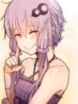  1girl at2. bare_shoulders blush closed_mouth collarbone eyebrows_visible_through_hair highres index_finger_raised long_hair looking_at_viewer low_twintails purple_eyes purple_hair smile solo twintails vocaloid voiceroid yuzuki_yukari 