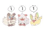  :d animal_focus blue_eyes blush_stickers claws commentary_request em_ivy_akippoi fangs green_eyes happy hisuian_growlithe looking_up no_humans open_mouth pokemon pokemon_(creature) rockruff smile tail tail_wagging tongue tongue_out white_background yamper 