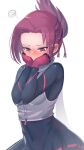  1girl absurdres at2. bangs blush bodysuit covered_navel eyebrows full-face_blush gloves highres kemurikusa looking_away parted_bangs purple_eyes purple_hair red_gloves rin_(kemurikusa) short_hair skin_tight solo 