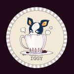  blue_eyes boston_terrier breath character_name coffee_bean cup dog highres iggy_(jojo) jitome jojo_no_kimyou_na_bouken kogatarou no_humans round_image solo stardust_crusaders teacup 