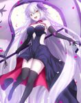 1girl ahoge black_gloves black_legwear breasts cleavage_cutout clothing_cutout dress elbow_pads fate/grand_order fate_(series) flag flag_print flower gloves hair_flower hair_ornament highres holding holding_flag holding_weapon jeanne_d&#039;arc_(alter)_(fate) jeanne_d&#039;arc_(fate) long_hair looking_at_viewer neko_daruma open_mouth petals silver_hair sleeveless sleeveless_dress sleeves_past_wrists smile solo thighhighs weapon yellow_eyes 