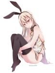  1girl alternate_costume black_legwear blonde_hair blush brown_eyes china_dress chinese_clothes dress eyebrows_visible_through_hair full_body hair_between_eyes highres hugging_own_legs kantai_collection kukimaru long_hair one-hour_drawing_challenge parted_lips shimakaze_(kancolle) simple_background solo thighhighs twitter_username white_background white_dress 