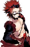  1boy abs boku_no_hero_academia chikichan collarbone costume detached_sleeves from_above hands_on_hips headgear kirishima_eijirou looking_at_viewer male_focus pectorals red_eyes red_hair scar scar_across_eye scar_on_face sharp_teeth short_hair simple_background smile solo spiked_hair superhero teeth toned toned_male topless_male v-shaped_eyebrows 