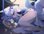  1girl absurdres animal_ears azur_lane bare_legs blue_eyes breast_press breasts bug butterfly cherrymaru cleavage dress feet fetal_position flower fox_ears fox_girl fox_tail highres large_breasts looking_at_viewer lying on_side solo tail white_hair 